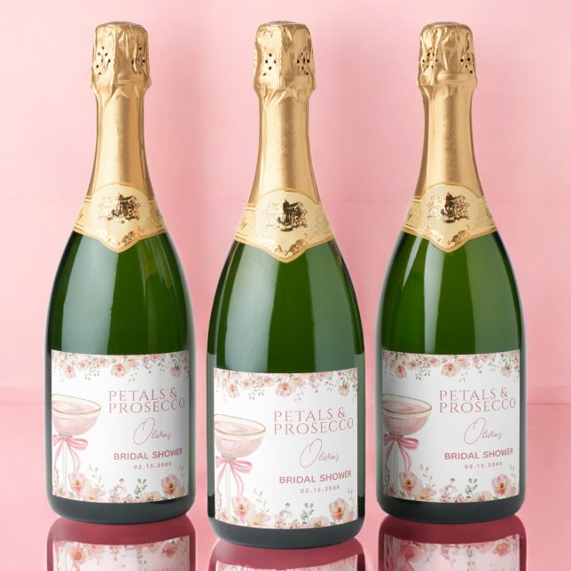 Pink Bow Petals & Prosecco Blush Bridal Shower  Sparkling Wine Label (Creator Uploaded)