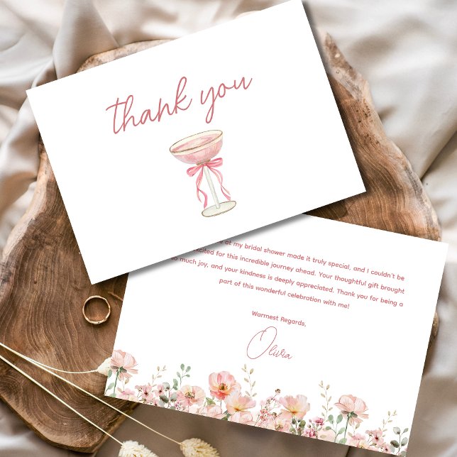 Pink Bow Petals & Prosecco Blush Bridal Shower Thank You Card (Creator Uploaded)
