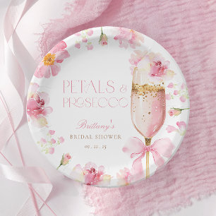 Pink Bow Petals Prosecco Bridal Shower Paper Plate
