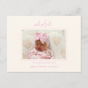 Pink Bow Photo Beige Birth Announcement Postcard