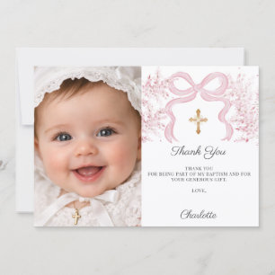Pink bow photo florals girl Baptism Thank You Card