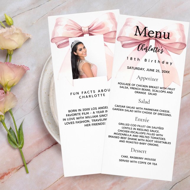 Pink bow photo fun facts birthday menu card (Creator Uploaded)