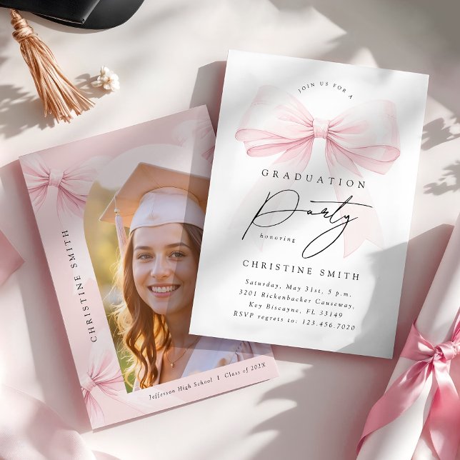 Pink Bow Photo Graduation Party Invitation (Creator Uploaded)