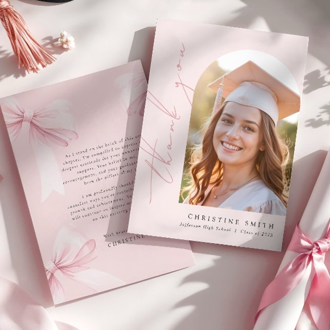 Pink Bow Photo Graduation Thank You Card (Creator Uploaded)