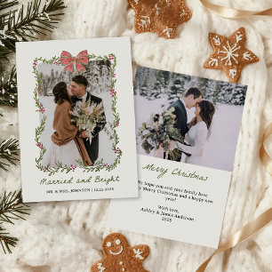 Pink Bow Photo Married and Bright Holiday Card