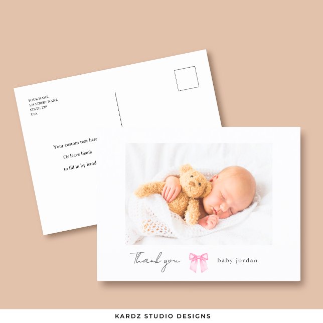Pink Bow Photo Modern Baby Shower Thank You Postcard (Front and back of the Postcard shown, add your baby's name, picture, and message.)