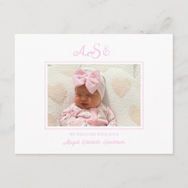 Pink Bow Photo White Birth Announcement Postcard (Front)