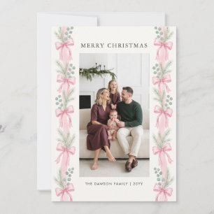 Pink Bow Pine Ribbon Garland Merry Christmas Photo Holiday Card