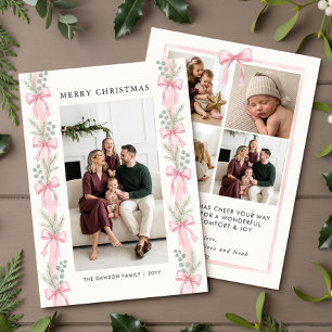 Pink Bow Pine Ribbon Garland Merry Christmas Photo Holiday Card
