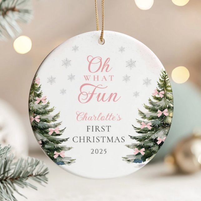 Pink Bow Pine Tree Baby's First Christmas Ceramic Ornament (Creator Uploaded)