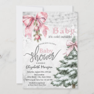 Pink Bow Pine Tree Balls its cold outside Invitation