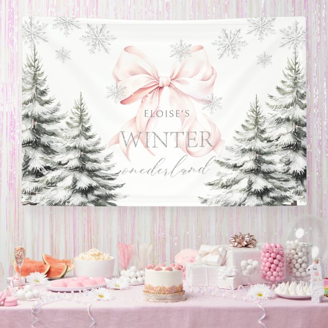 Pink Bow Pine Trees Winter Onederland 1st Birthday Banner (Party)