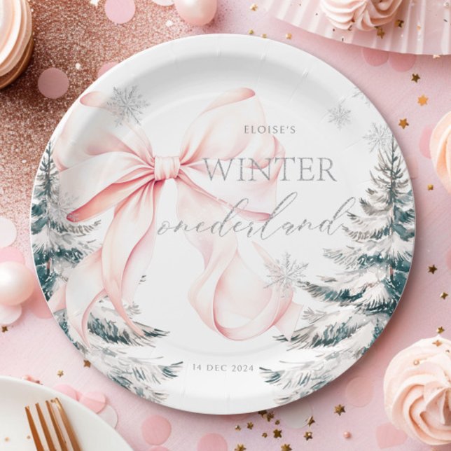 Pink Bow Pine Trees Winter Onederland 1st Birthday Paper Plate (Creator Uploaded)