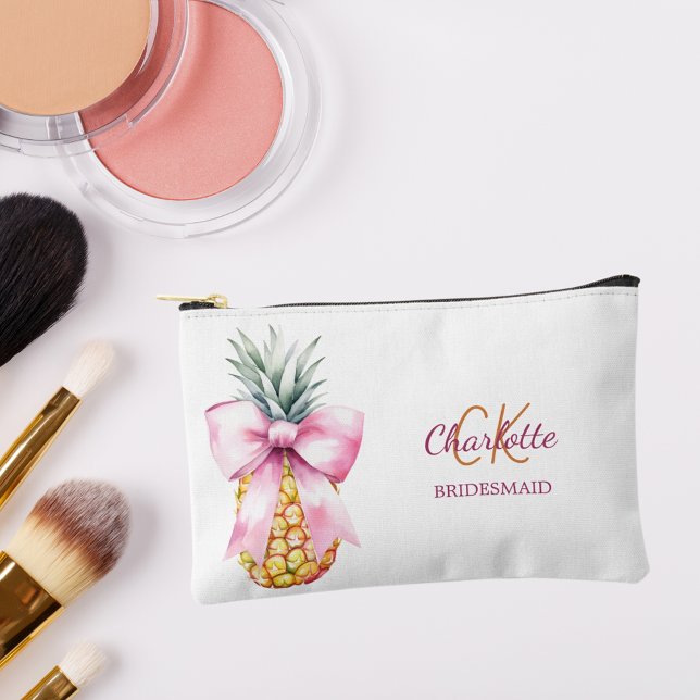 Pink bow pineapple tropical monogram bridesmaid accessory pouch (Creator Uploaded)