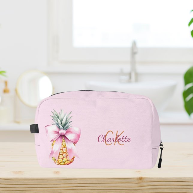 Pink bow pineapple tropical monogram dopp kit (Creator Uploaded)