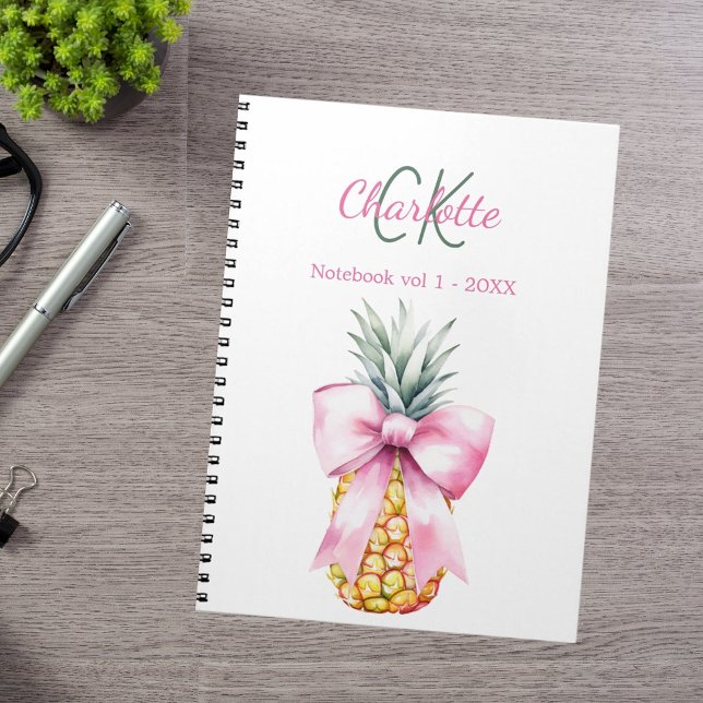 Pink bow pineapple tropical monogram notebook (Creator Uploaded)
