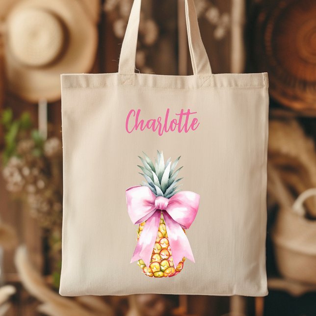 Pink bow pineapple tropical name script tote bag (Creator Uploaded)
