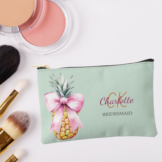 Pink bow pineapple tropical sage green bridesmaid accessory pouch (Creator Uploaded)
