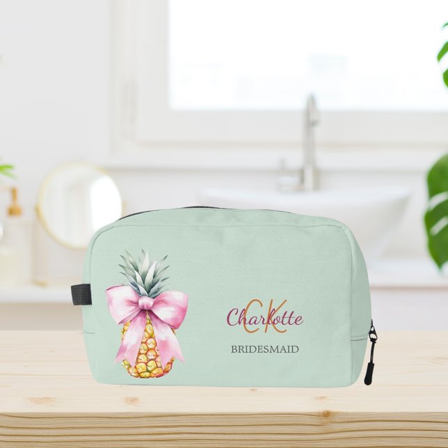 Pink bow pineapple tropical sage green bridesmaid dopp kit (Creator Uploaded)