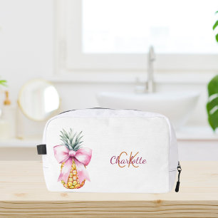 Pink bow pineapple tropical summer monogram dopp kit