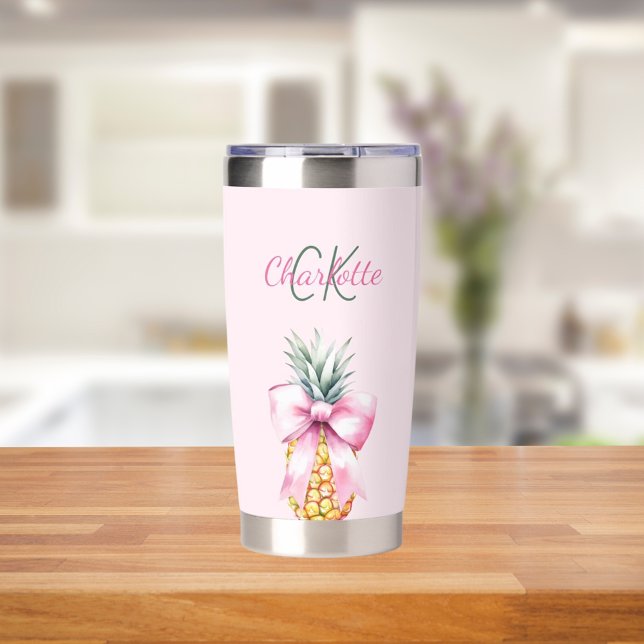Pink bow pineapple tropical summer monogram insulated tumbler (Creator Uploaded)