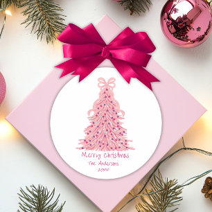 Pink Bow Pink Christmas Tree Classic Round Sticker