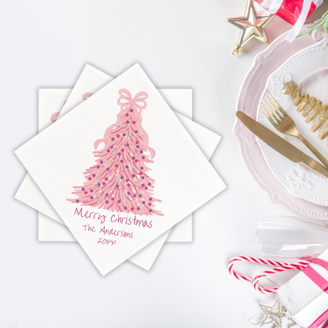 Pink Bow Pink Christmas Tree Napkin (Creator Uploaded)