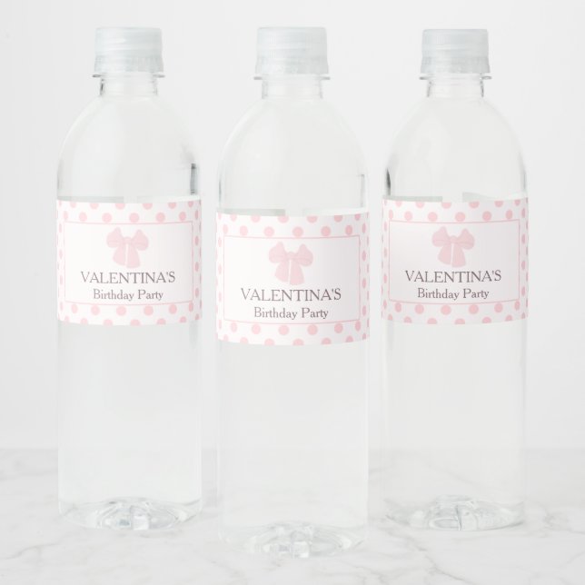 Pink bow polka dot birthday party  water bottle label (Bottles)