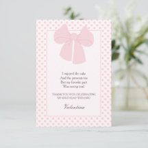 Pink bow polka dot cute birthday thank you card 