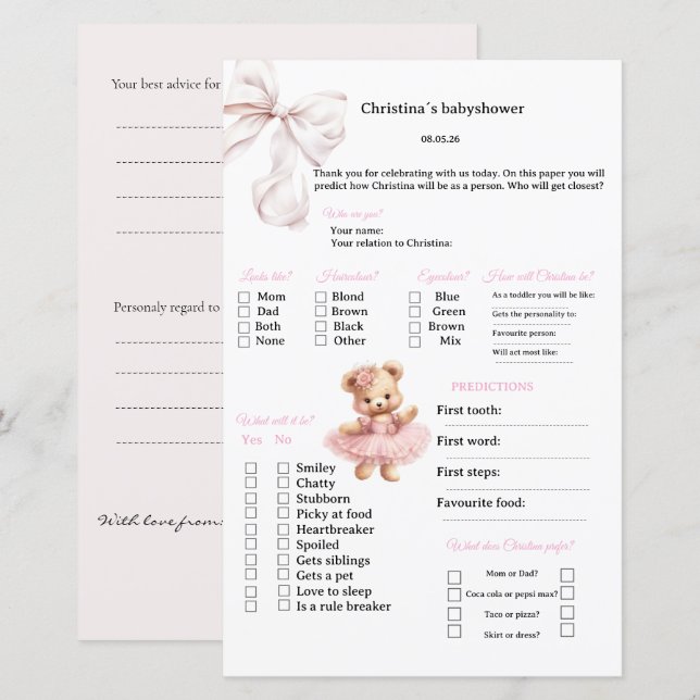 Pink Bow Predictions & advice games for Babyshower (Front/Back)