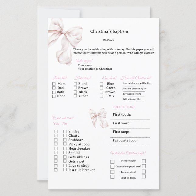 Pink Bow Predictions and advice game for Baptism (Front)
