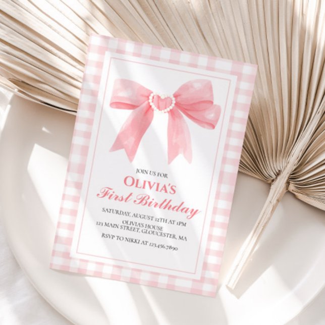 Pink Bow preppy Coquette 1st birthday Invitation (Creator Uploaded)