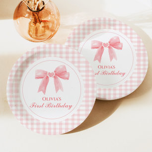 Pink Bow preppy Coquette 1st birthday Paper Plate