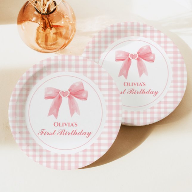 Pink Bow preppy Coquette 1st birthday Paper Plate (Creator Uploaded)
