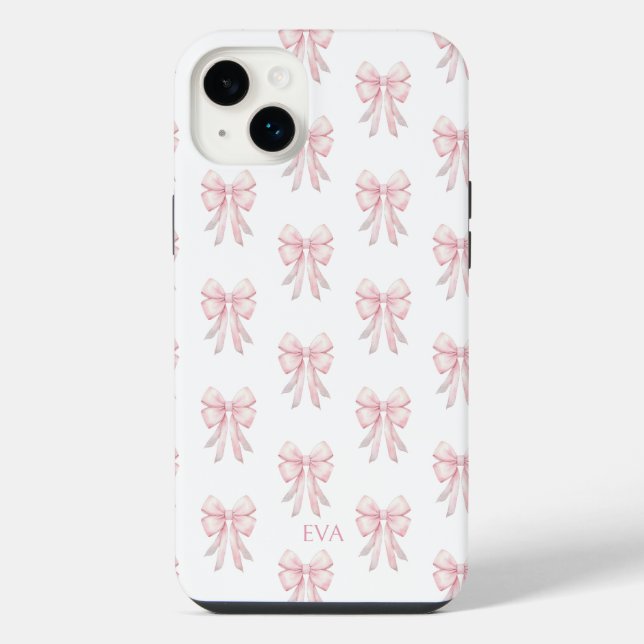 Pink Bow Preppy Coquette Pattern Monogram Initials iPhone Case (Back)