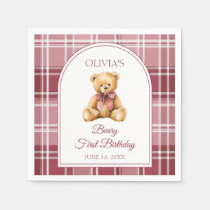 Pink Bow Preppy Teddy Bear 1st Birthday Napkin