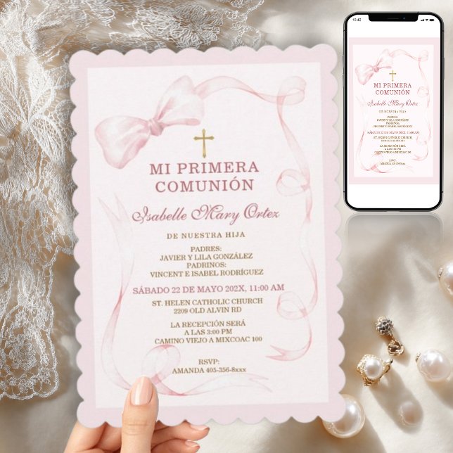 Pink Bow Primera Comunión Niña Invitation (Creator Uploaded)