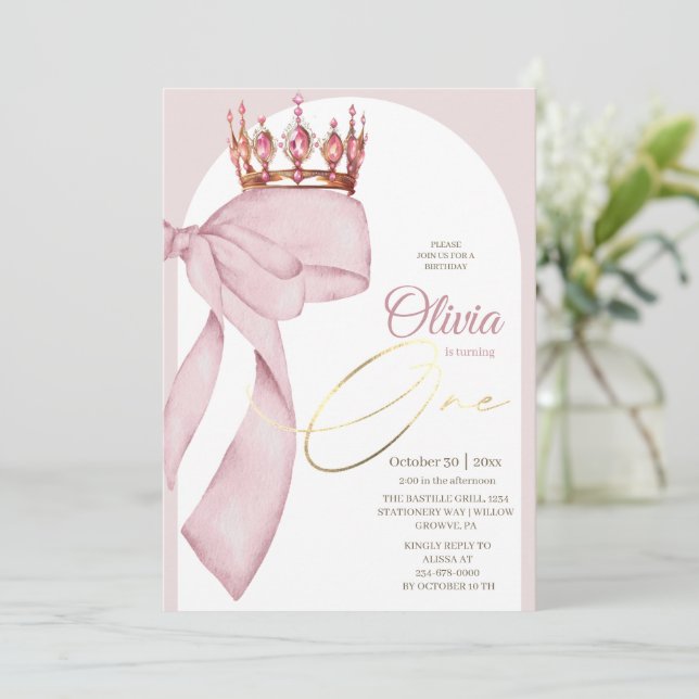 Pink Bow Princess 1st Birthday  Invitation (Standing Front)