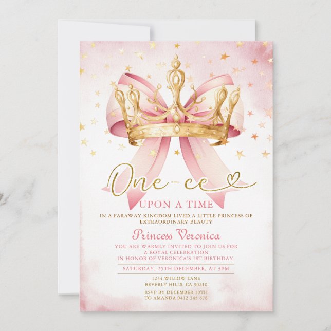 Pink Bow Princess ONE-CE Upon a time 1st birthday Invitation (Front)