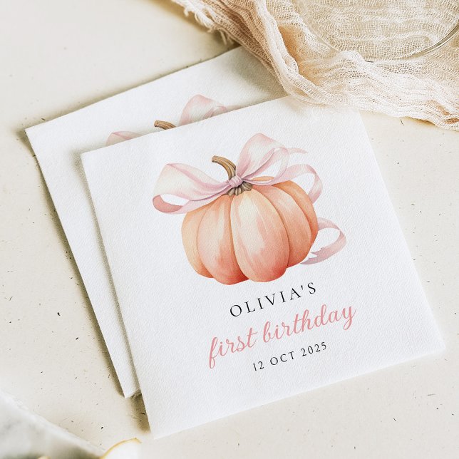Pink Bow Pumpkin 1st Birthday Napkin (Creator Uploaded)