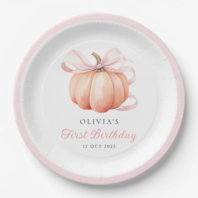 Pink Bow Pumpkin 1st Birthday Paper Plate (Front)
