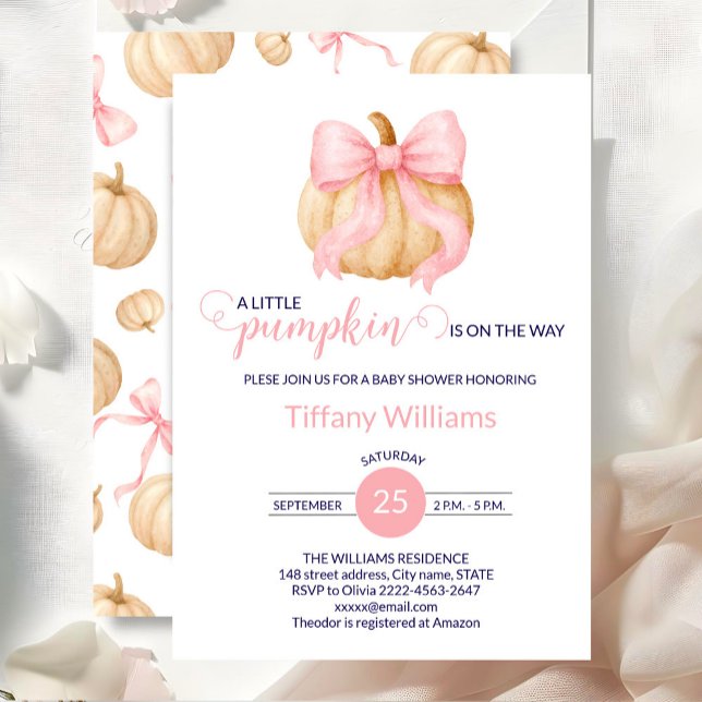 Pink bow pumpkin baby shower minimalistic  invitation (Fall Pumpkin Baby Shower minimalistic Invitation with Pink Bows)