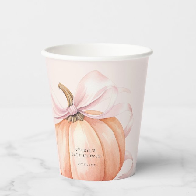 Pink Bow Pumpkin Baby Shower Paper Cup (Front)