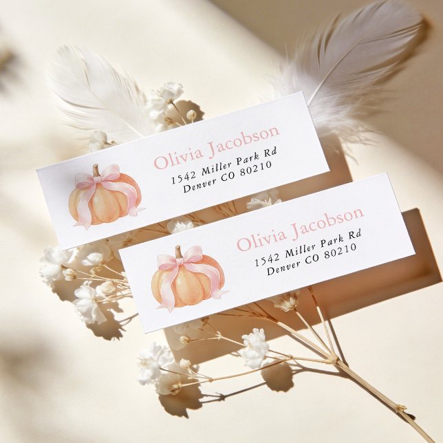 Pink Bow Pumpkin Baby Shower Return Address Label (Creator Uploaded)