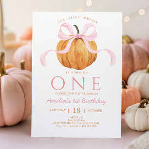 Pink Bow Pumpkin First Birthday Invitation