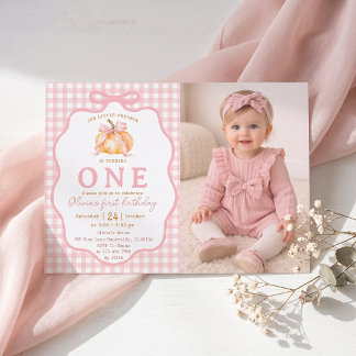 Pink Bow Pumpkin First Birthday Invitation Photo