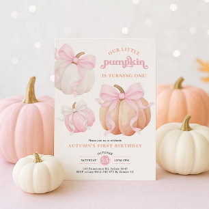 Pink Bow Pumpkin Girl 1st Birthday Party Invitation