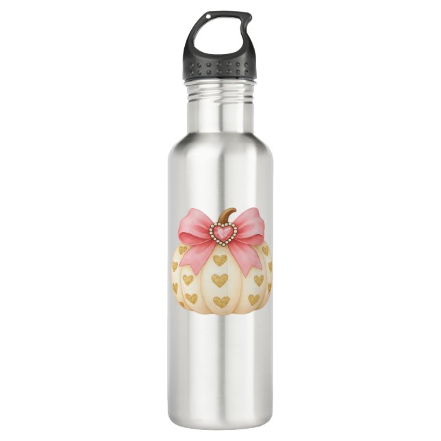 Pink Bow Pumpkin with Golden Hearts – Coquette Fal 710 Ml Water Bottle (Front)