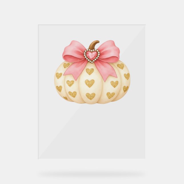 Pink Bow Pumpkin with Golden Hearts – Coquette Fal Acrylic Sign (Front)