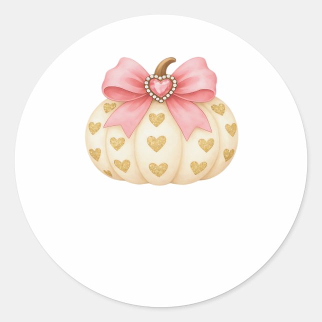 Pink Bow Pumpkin with Golden Hearts – Coquette Fal Classic Round Sticker (Front)